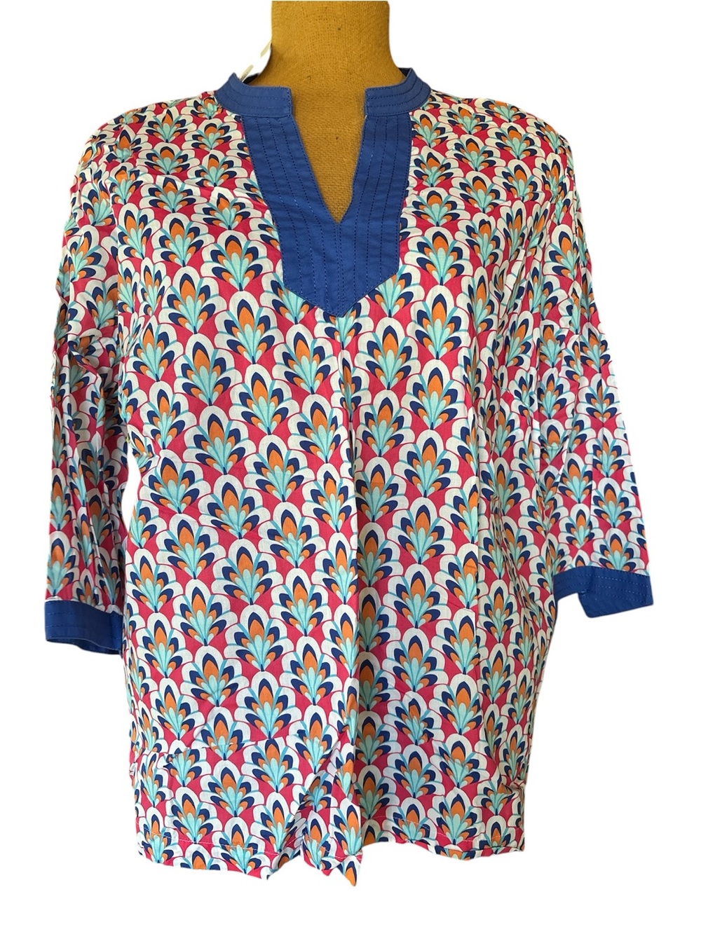 Talbots Blue-Trim Multicolor Floral Fan Print Tunic